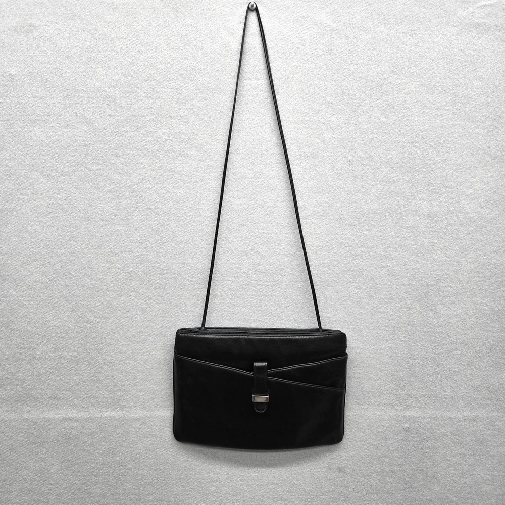 Susan Gail Black Leather Envelope Crossbody Bag Gold Bar Accent Clutch 90s VTG